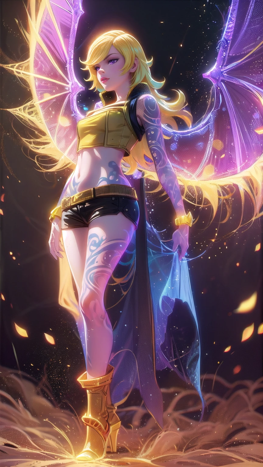 1girl, combining elements of Yang Xiao Long from "RWBY" and Lilith from "Borderlands", beautiful detailed eyes, beautiful detailed lips, extremely detailed face and portrait, long eyelashes, flowing golden hair, lilac/violet eyes, crop top, short shorts, wearing flat heeled boots, tattoos, (glowing blue markings), posing confidently, fantasy landscape, ancient ruins, sunlight, volumetric lighting, cinematic, award winning digital art, intricate details, highly detailed, hyper realistic, 8k, masterpiece, (wide angle), (full length portrait), lilithbl2, bhands, glow particle, wings, tattooed 