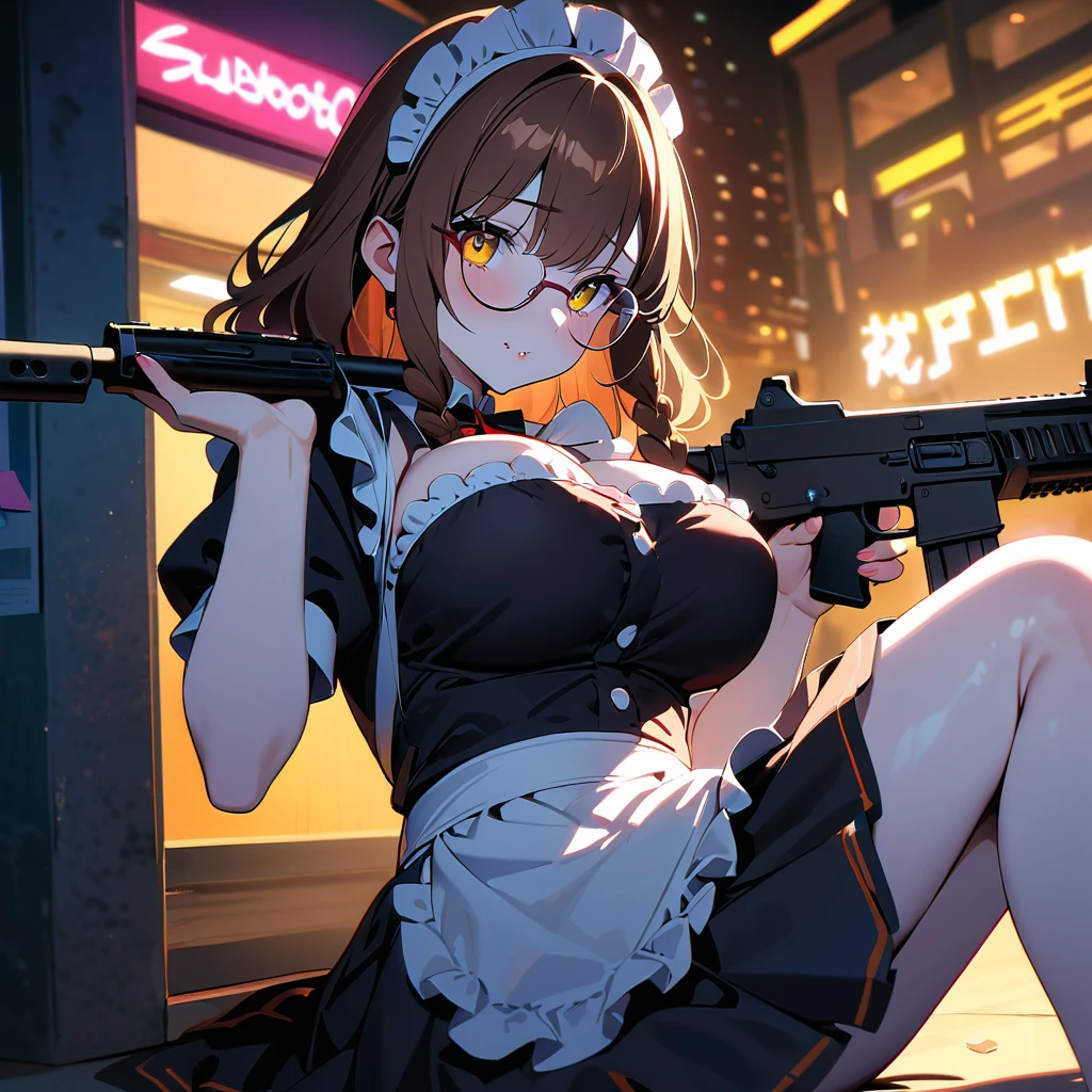 ((top-quality)), ((masterpiece)), ((ultra-detailliert)), (extremely delicate and beautiful), Digital art, (extremely detailed fine touch:1.3), (2D:1.3), dark lighting, horror movie scene, 1girl, solo, short hair, torn clothed, (((under-rimmed glasses:1.3))), (headphones:1.0), medium breasts, bare arms, The background is a typical Japanese high sclool with horror movie setting, holding guns, dirty skin, sweaty