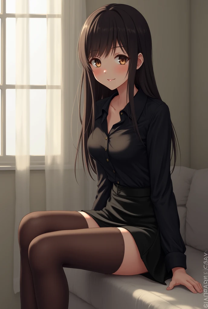 highest quality, masterpiece, High resolution, (Head to toe full body view), Front view from slightly below, Symmetrical Configuration, Precisely balanced composition across the body、18-year-old, Slim and beautiful girl, alone, (Small breasts), (No shoes), Long brown hair, bangs, (Black Pantyhose), (Sit on the floor with your legs open), (Spread-legged pose on bed), (Her legs were spread、White panties are visible.), (Open your mouth with a pained expression), blush, Shy big eyes, Looking at the camera, High school girl's blazer uniform, Checkered Pleated Skirt