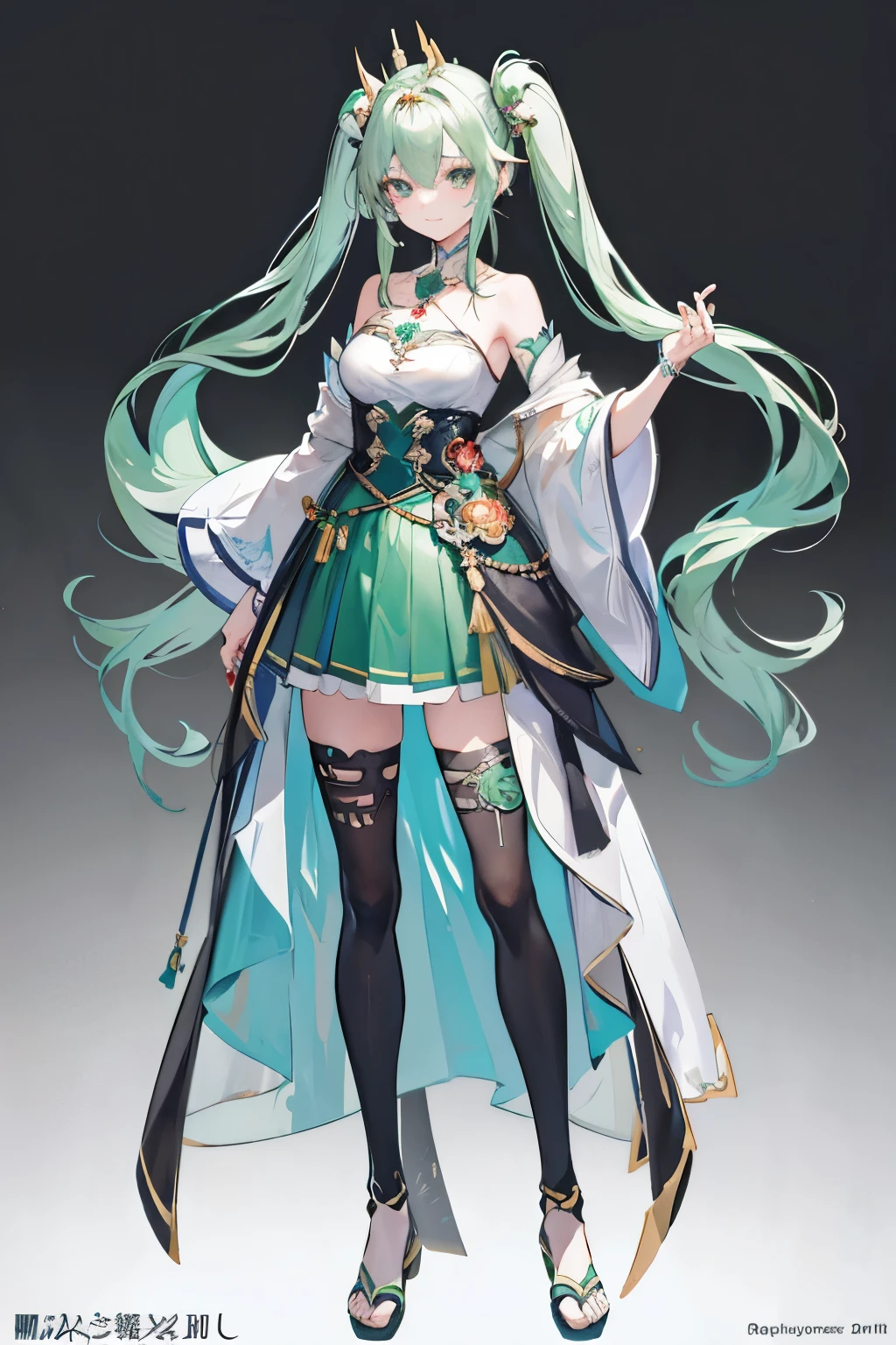 ((Long light green cyan hair))，purple eyes，Broken hair curtain，A faint smile， (chiffon dress, uniform white flower pattern)/= (military uniform: 1.24),(white miko thighhighs), high heeled boots,cropped shoulders，Elf Girl，Super good figure，Color hair cards，Place your hands in front of you，Raise your head slightly，short skirt，(+(white hair flower: 1.14)),((turquoise hair)),green hair,((green hair)),adult,adult,tall,((dynamic angle)),((dynamic pose)),