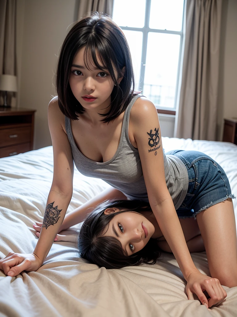 masterpiece,best quality,nude,(渋谷交差点),choker,nipple piercing,woman with nipple piercings,nipple piercing,womb_tattoo,beautiful woman face,sleepy-eyed,masterpiece,best quality,(2woman),(kissing),penis, licking penis,cooperative fellatio,black hair,punk fashion,  (((colorful))), (full body tattoo:1.5), (tattooed nipples:1.5), ((Lots of body piercings:1.5)), (pierced nipples)