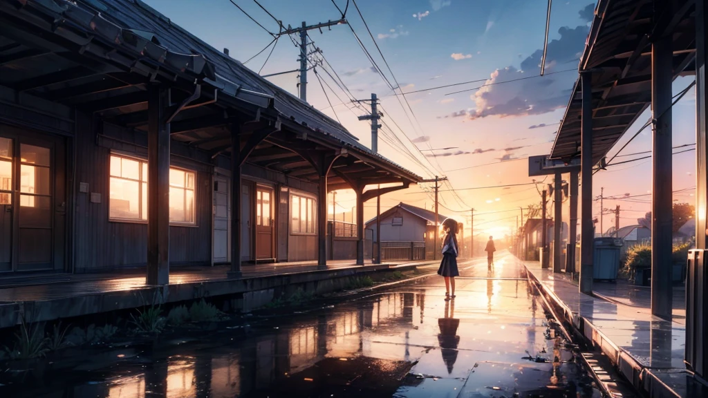 highest quality, beautiful vast plains, Lush, flower, earth, horizon, (A girl on the platform of a hidden station), cumulonimbus, Sunset, sudden rain, eki platform, shinkai makoto