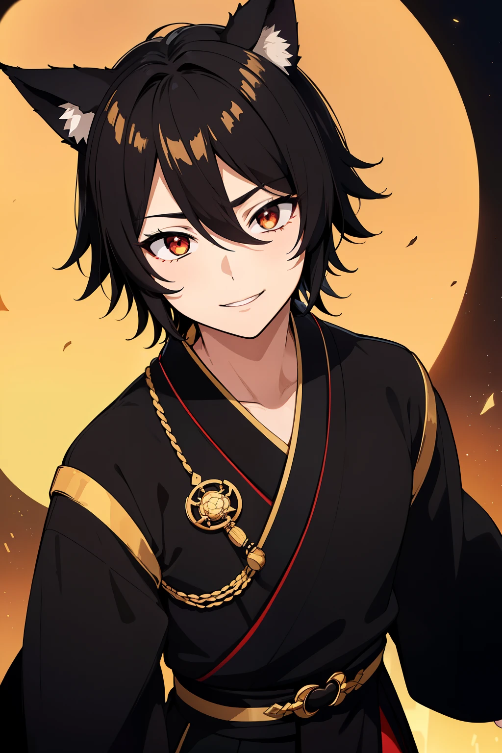 (high-quality, breathtaking),(expressive eyes, perfect face), 1boy, male, solo, young adult, black hair , gold coloured eyes, gentle smile, short hair, loose hair, hair between eyes, japanese clothing, black shirt with a red trim, black pants, brown belt, black fox ears on top of his head, Symmetrical Eyes,