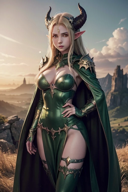 an succubify elf warrior woman, Long wavy blonde hair, greeneyes,demon horns, demon tail, ￼ showing off her demon wings spread wide, open , green cloak, gold and silver, looking forward,, beautiful landscape in the background, sunset
