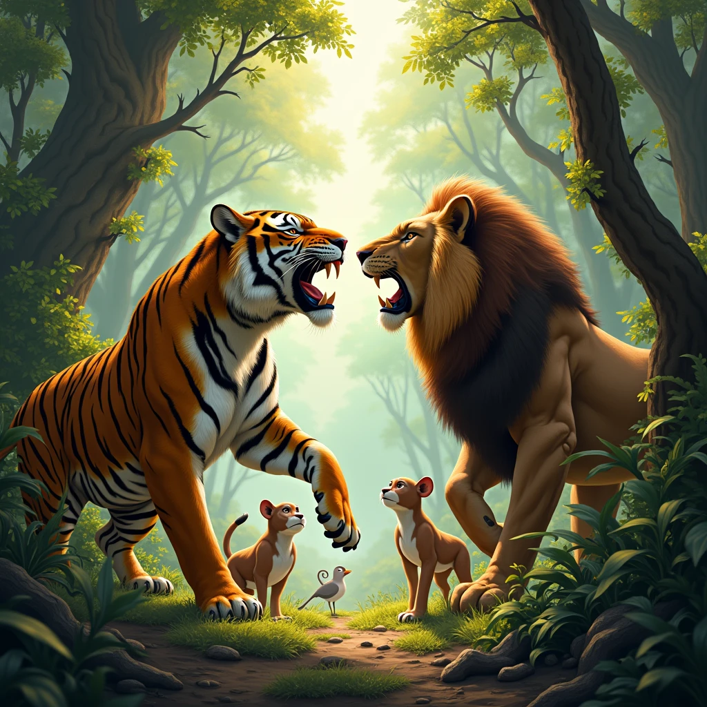A lion fighting a tiger in a forest