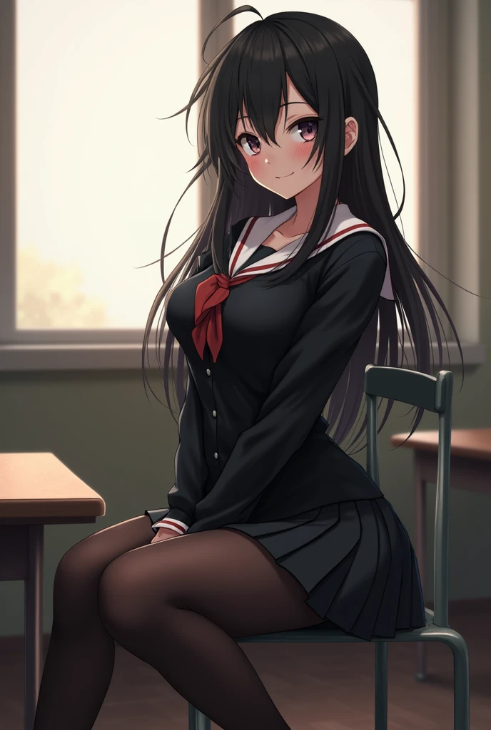 (masterpiece), best quality, expressive eyes, perfect face,high school girl, long black hair, as hair in a ponytail, red eyes,(sitting at the class table), charming, sexy, elegant, smiling mischievously 