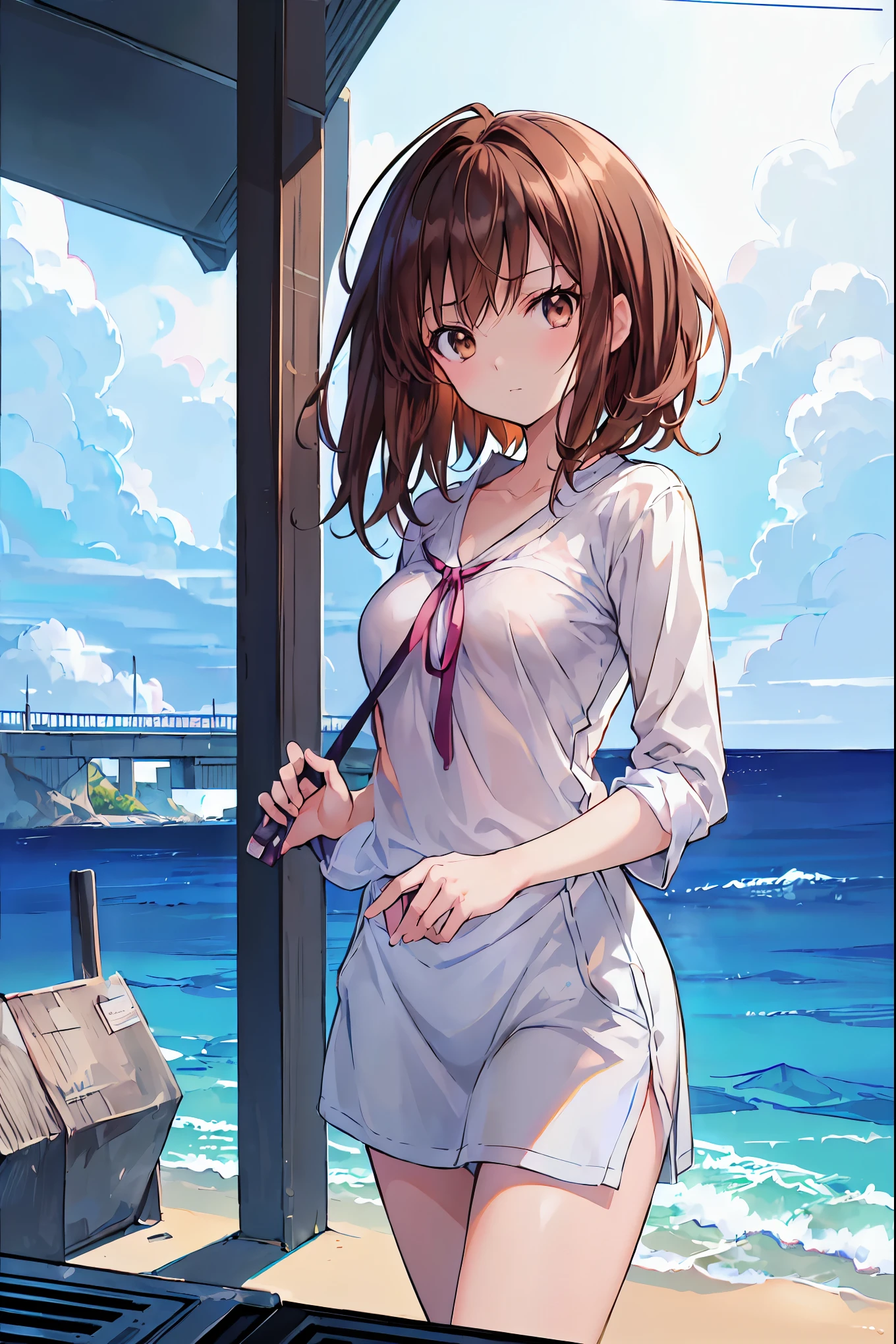 ((( Japanese hot springs、Open-air bath)))、((( Naked girl in only a towel、Naked Towel、White towel、Thin towel)))、((((((Large areola、reporter、Television shooting、Holding a microphone、Sitting in the hot spring、Have a sign))))))、(((( blush, huge breasts, breasts out, areolae, nipples))))、(((looking at the camera、 Photographed from the front、Upper Body))),(((( have a microphone))))