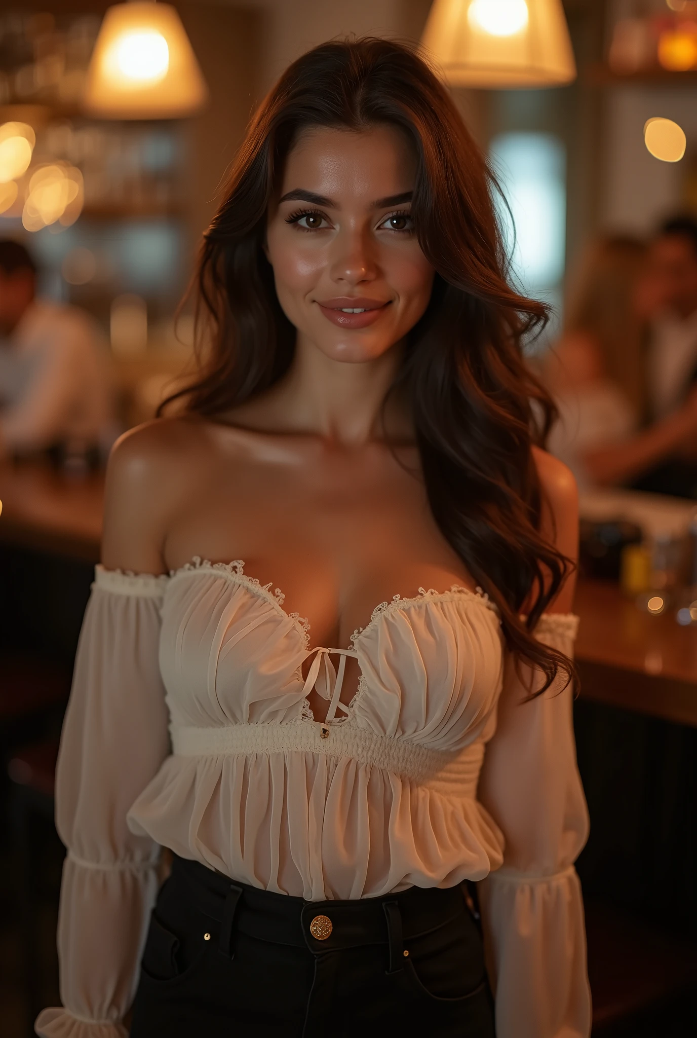 Capture a stunning 29-year-old UK woman, wearing white dress, in a club Her hair is a rich brunette with subtle highlights, styled in luscious waves that frame her face beautifully. She has striking green eyes that contrast with her brown hair, adding a touch of mystery and allure. The photo should exude confidence and elegance, highlighting her natural beauty and captivating presence, cup size 34D(tetas grandes), made by iPhone, whitened teeth,
