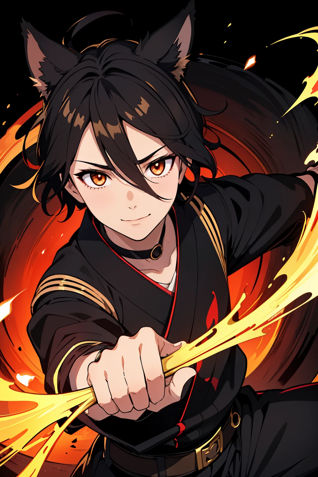 (high-quality, breathtaking),(expressive eyes, perfect face), 1boy, male, solo, young adult, black hair , gold coloured eyes, gentle smile, short hair, loose hair, hair between eyes, japanese clothing, black shirt with a red trim, black pants, brown belt, black fox ears on top of his head, Symmetrical Eyes,
