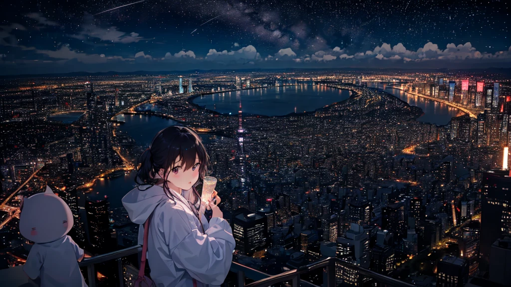 Late night on the rooftop of a high-rise building in Tokyo.、Beautiful starry sky、Tokyo night view&#39;Midnight Building、Two adult women wearing indigo sailor suits、One is、サファイアのアクセサリーをつけた大きな黒いWitch Hatをかぶった白髪の女性です。, もうOne is、アメジストのアクセサリーをつけた大きな黒いWitch Hatをかぶった、A woman with dark brown hair。.、Witch Hat、blue eyes、Hurt、cute、Illustration、2次元Illustration、Japanese Anime、日本のIllustrationレーターが描いた、High resolution、4K quality、high quality、High resolution、5 megapixels、high detail、Beautiful background、