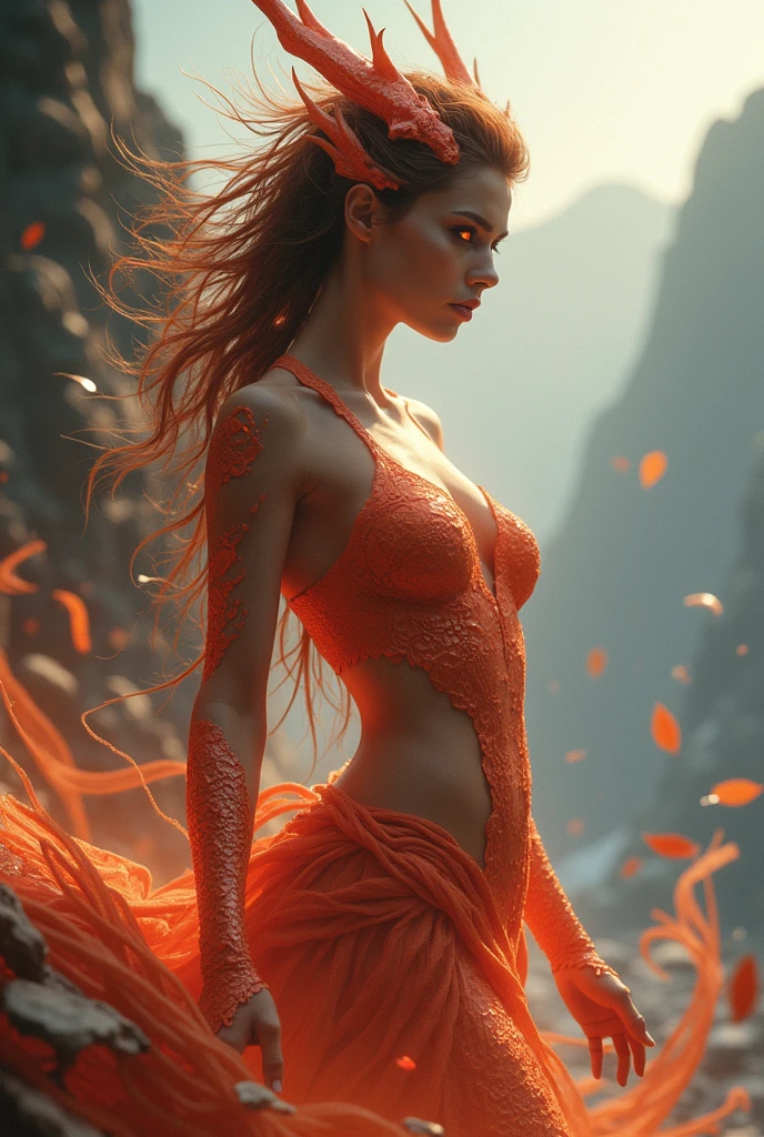 portrait character the body is made of air, air skin, air element Creature, dance with air and autumn leaves, beautiful, proud, high detail, masterpiece, long hair, With trees in the autumn season in the background, skin emits light, eyes emits light, athletic body, erotic outfit, a corset of autumn leaves,