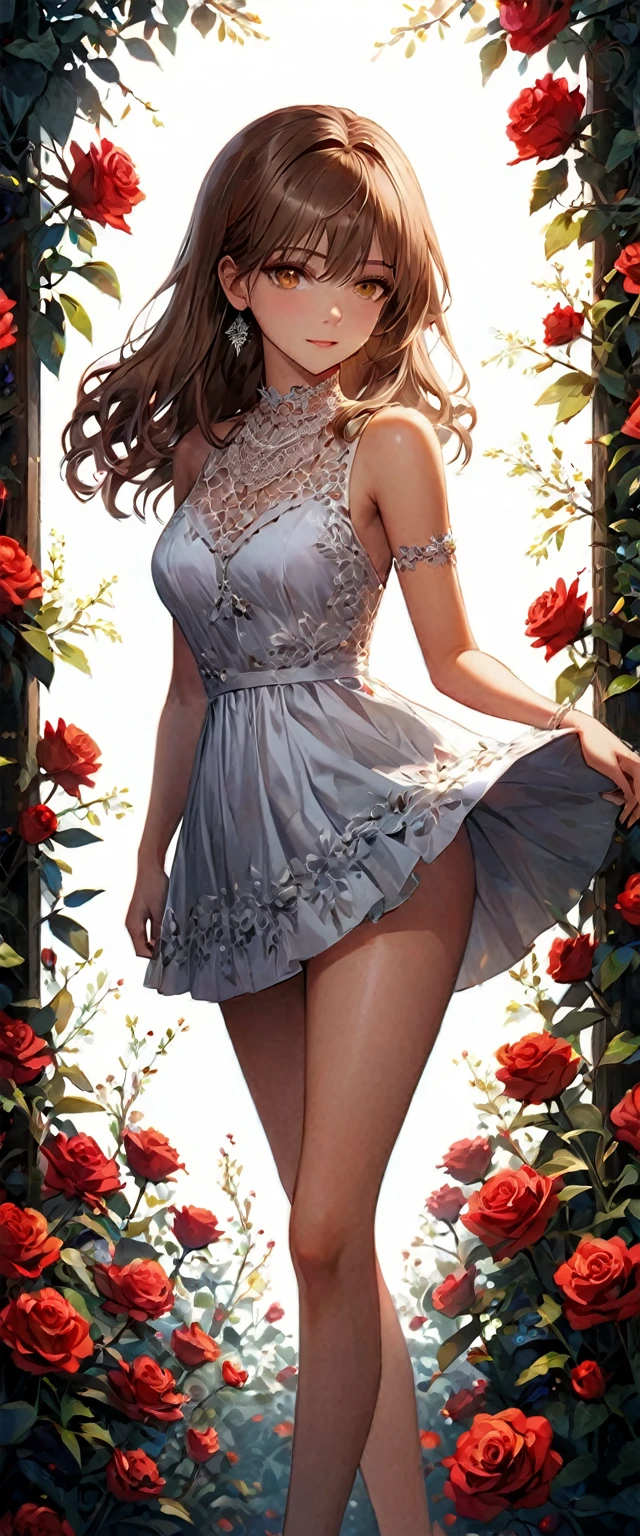 A detailed female anime  , detailed long ((brown hair)) with ((golden eyes)) in a angular cinematic scene having a unique pose with detailed vibrant color , high graphics , (clear clarification) wearing a sexy white dress (wiith a physically fit body) in a detailed full background of a (floral garden filled with different color rose) using high intensity coloration , unreal engine , high definition in 32k resolution using super fine quality linings,огромная грудь,с ягодиц стекает мужское семя,сочная вагина, хочет секса, занимается сексом с мужчиной лёжа, стонет от удовольствия 