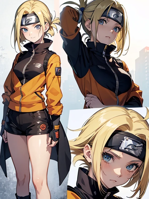 (masterpiece, best quality:1.2), expressive eyes, perfect face, highres, 1girl, solo, (female:1.5), NarukoUzumaki, blue eyes, blonde hair, long hair, facial mark, whisker markings, short hair, long sleeves, jacket, opened jacket, (naruto outfit), midriff, orange-black jacket, meshes, pants, black pants, standing, upper body, looking at the viewer