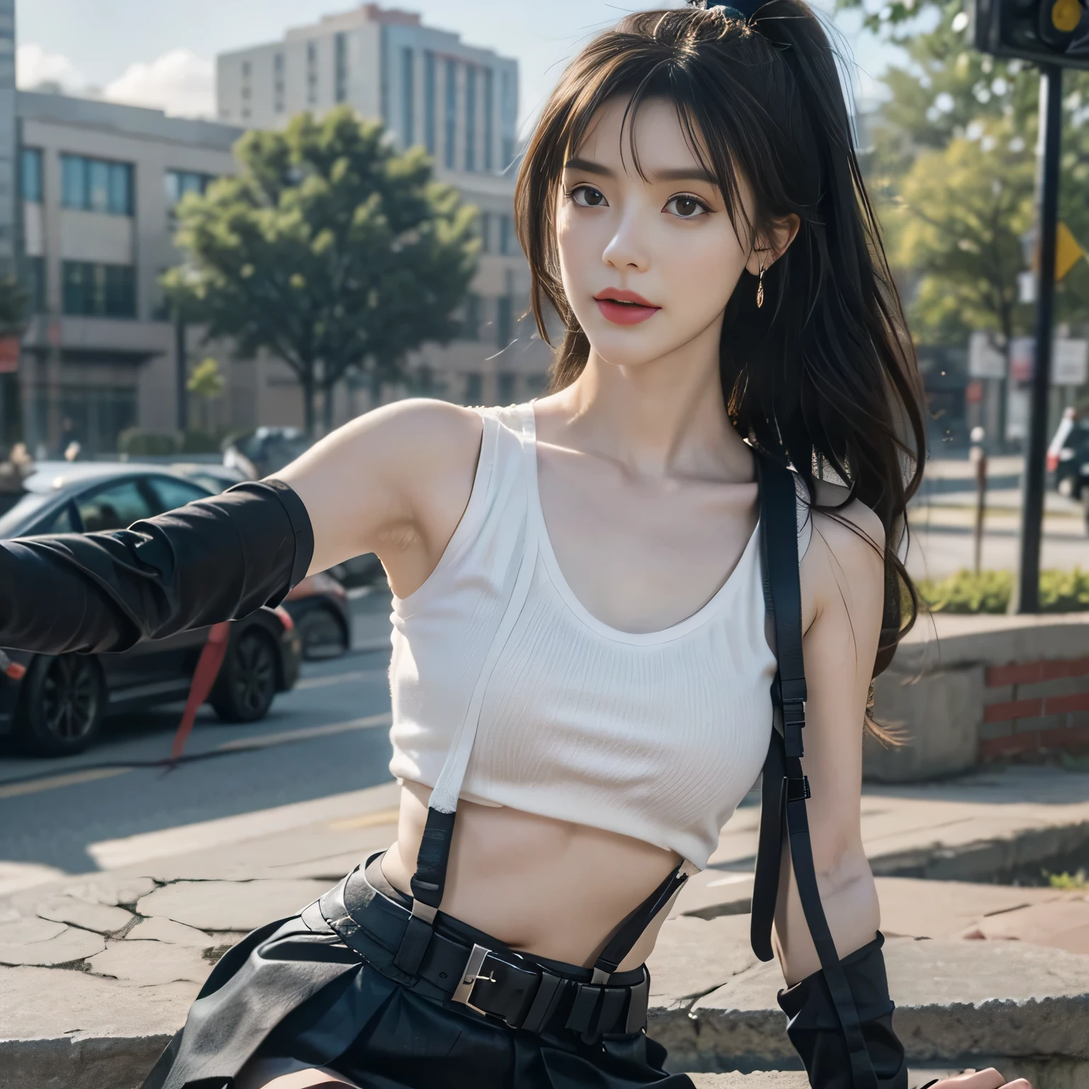 best quality, masterpiece, 1 girl, perfect beautiful face, (photo photo:1.3), edge lighting, photography lighting, (high detail skin:1.2), 8k ultra hd, DSLR, high quality, high resolution, white skin, detailed textured skin, half body in frame, sexy posing, poker face, perfect propotion face, symetric face, eye level shot, 4k, 8k, bokeh, absurd, best ratio four fingers and one thumb, (realistic:1.3), beautiful detailed girl, cute 1girl, dark brown hair, long hair, ponytail, bangs, volume hairs, collosal-breast, full looking breast, projecting breast, slim waist, slender, small thighs, perfectly proportion, gloves,fingerless gloves,breasts,suspenders,thighhighs,crop top,tank top,skirt,black thighhighs,suspender skirt,black skirt,earrings,jewelry,midriff,white tank top,black gloves, boots,underwear,panties,miniskirt,belt,underboob,white panties, beautiful outdoor background, detailed background, trees, clouds, Ultra Realistic, UHD Quality.