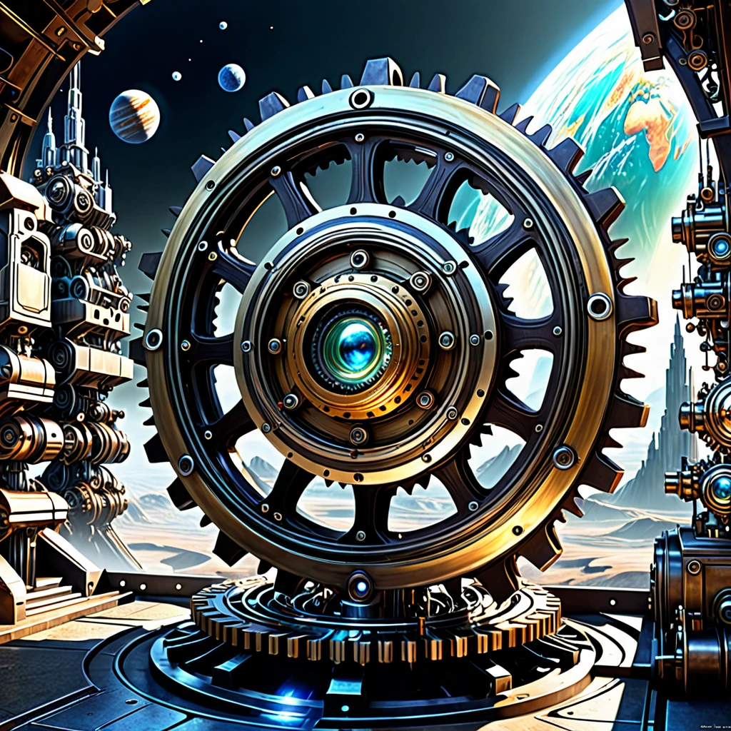 This world of mainsprings, gears, and retro mechanical devices, space, planets, and cities all in one, cutting-edge, one-of-a-kind fantasy art, delicate and dynamic textures, contrasts of light and shadow, 2.5D, digital graphic CG, artistic photography, hyper realistic, ultra detailed, absolutely resolution, best quality