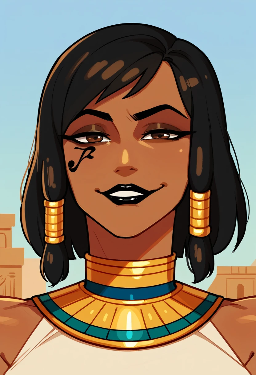 score_9, score_8_up, score_7_up, 1girl, solo, Pharah, brown eyes, (Eye of Horus), (black lipstick), headshot portrait, close-up, smug, smirk, Egyptian clothes, outdoors, Egyptian temple,
