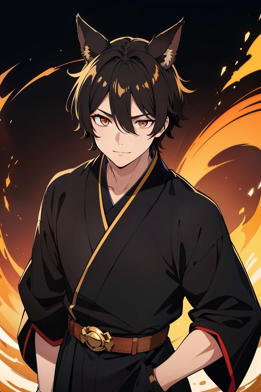 (high-quality, breathtaking),(expressive eyes, perfect face), 1boy, male, solo, teenager, black hair , gold coloured eyes, gentle smile, short hair, loose hair, hair between eyes, japanese clothing, black shirt with a red trim, black pants, brown belt, black fox ears on top of his head, Symmetrical Eyes,
