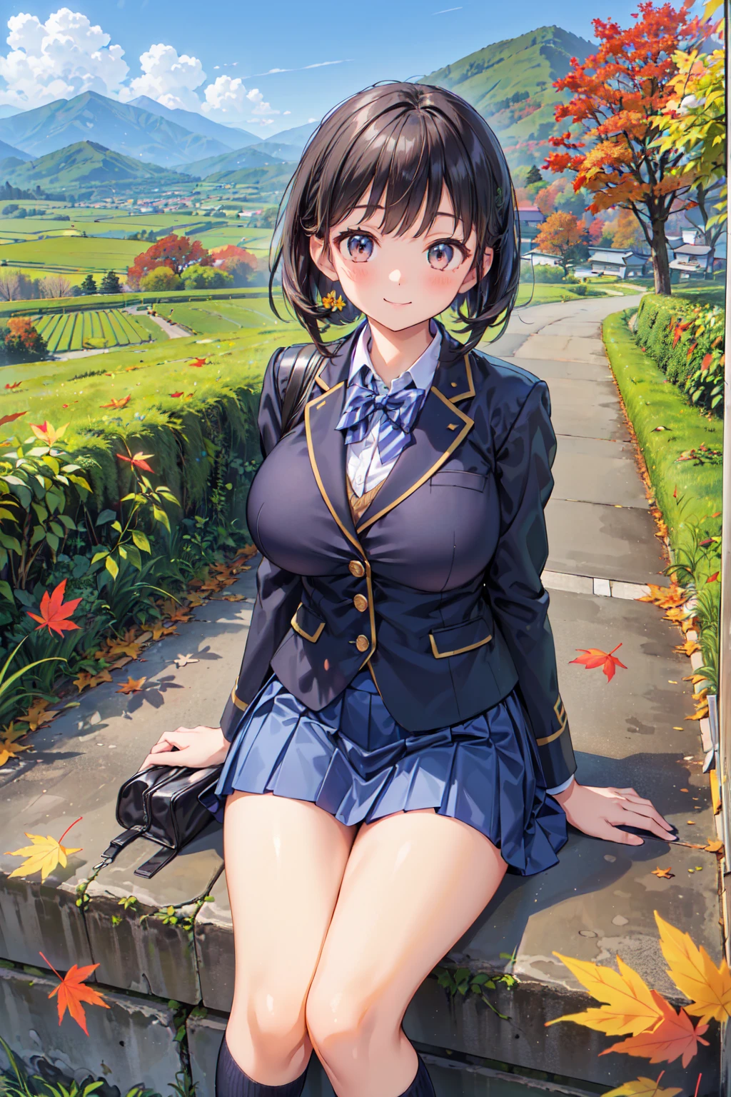 (((Masterpiece, 16k, Highest quality, Ultra-high resolution, Depth of subject))), ((Very detailed, Japanese countryside scenery, autumn leaves)), (((High school girl in blazer uniform, friend, 3 people, skirt, Big Breasts))), While chatting, Very cute smile, On the way home, 3pm, Peaceful scenery, Warm sunshine, Very accurate perspective, Super Wide View