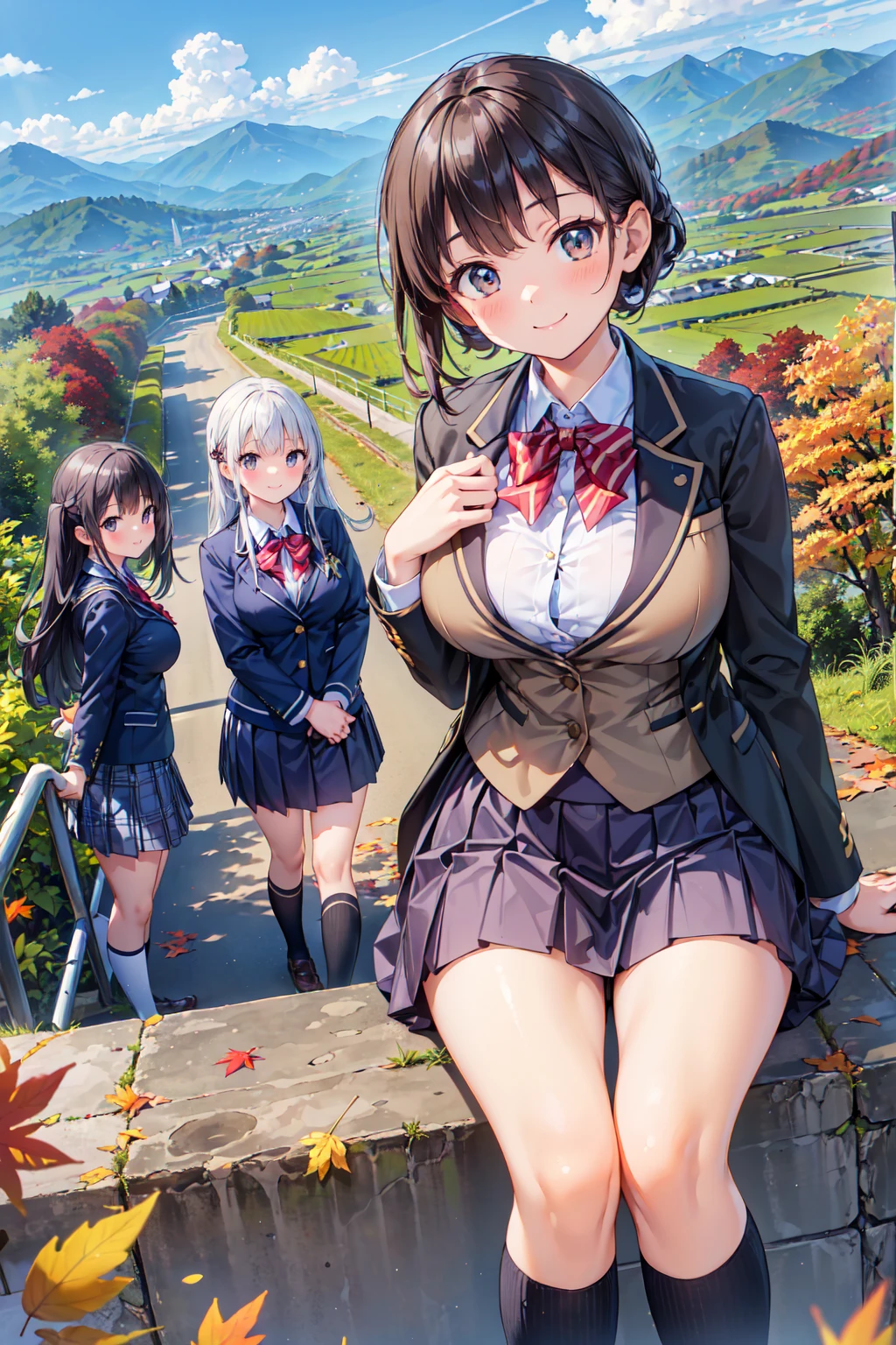 (((Masterpiece, 16k, Highest quality, Ultra-high resolution, Depth of subject))), ((Very detailed, Japanese countryside scenery, autumn leaves)), (((High school girl in blazer uniform, friend, 3 people, skirt, Big Breasts))), While chatting, Very cute smile, On the way home, 3pm, Peaceful scenery, Warm sunshine, Very accurate perspective, Super Wide View