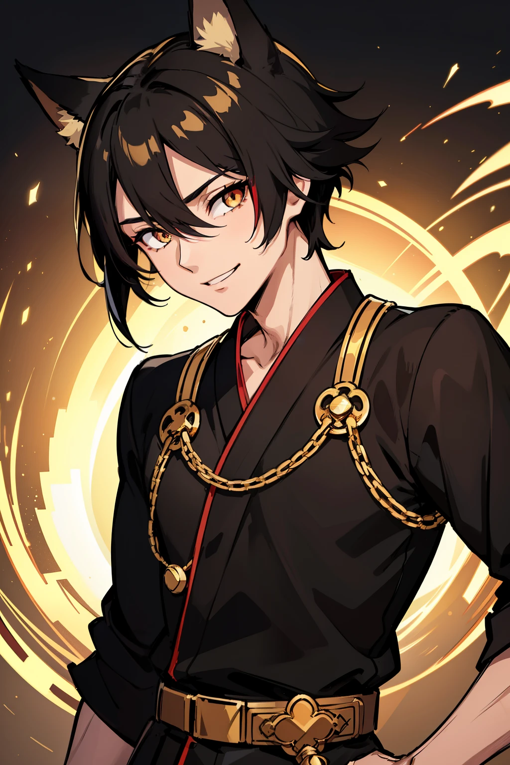 (high-quality, breathtaking),(expressive eyes, perfect face), 1boy, male, solo, teenager, black hair , gold coloured eyes, gentle smile, short hair, loose hair, hair between eyes, japanese clothing, black shirt with a red trim, black pants, brown belt, black fox ears on top of his head, Symmetrical Eyes,
