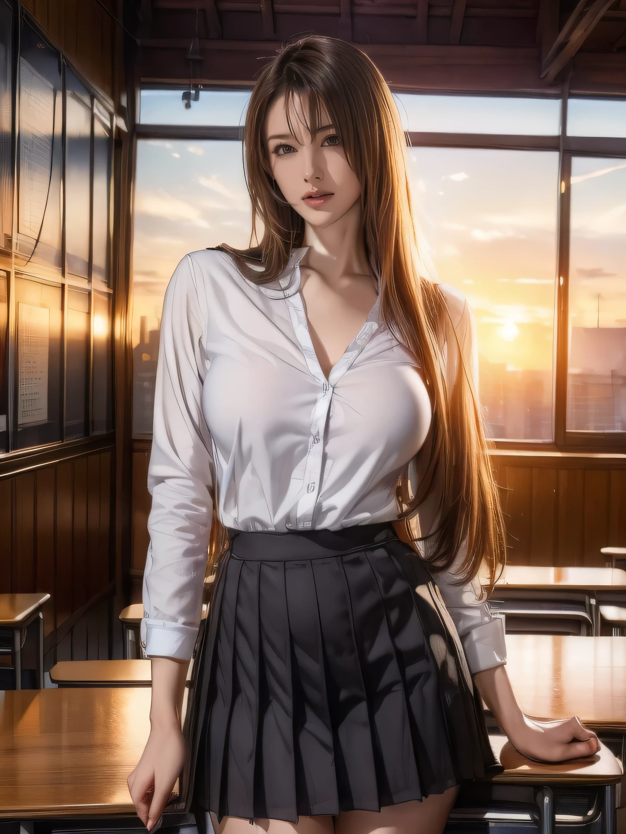 8k, RAW Photos, Highest quality, Tabletop: 1.2), (Realistic, Photorealistic: 1.37), Very detailed, 1 high school girl, Super Beauty(Like the real thing), alone, Beautiful detailed sky, Detailed Coffee, night, Sitting in the store, (Big smile: 1.1), Long brown hair Medium chest, Beautiful detailed eyes, (Collared shirt: 1.1), A bow tie, Pleated skirt, Beautiful expression Ultra-high resolution,Ultra-Realistic Skin,masterpiece,Highest qualityのPhotorealisticなRAW Photos。Bright colors,Rich colors, Backlight, Cinema Lighting, Film Grain, 50mm lens, Nikon D850,Beautiful expression,Fantasy art,Character Art,View your viewers,Top view,,Accentuate your cleavage,Dynamic pose,