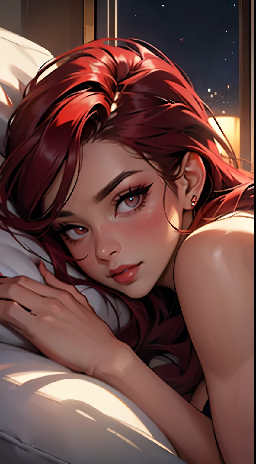 woman(green eyes; loose long red hair), cgi, naked, legs splayed, no clothes; indoors; missionary; best quality; trending on artstation;