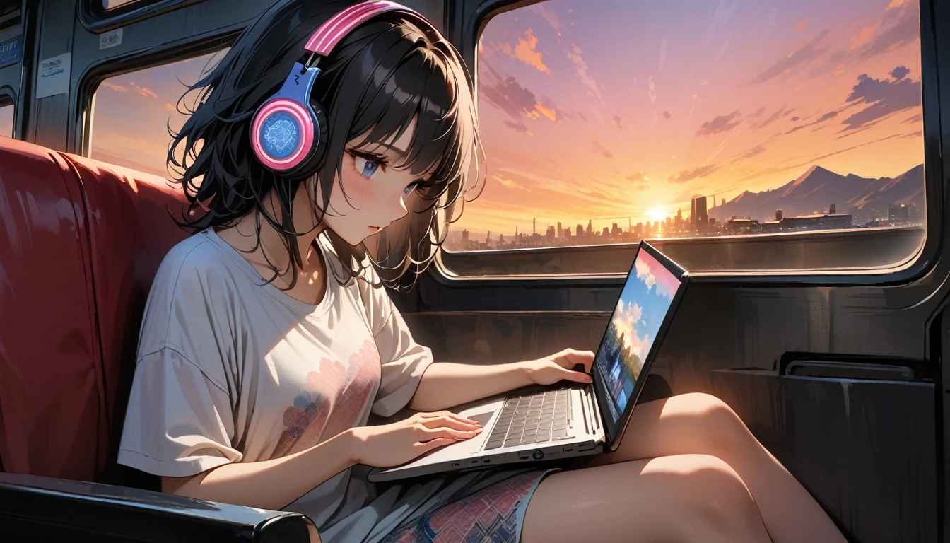 ((8k of extremely detailed CG unit, Masterpiece, high resolution, highest quality, highest quality real texture skin)), (((shoot from behind))), (wearing Japanese pattern headphones), ((1 girl)), ((Sitting in a seat on a train)), ((looking at laptop screen)), ((Sunset through the big window)), (Japanese pattern Tシャツ), (Black hair, messy hair, beige skin), (surreal, digital painting)