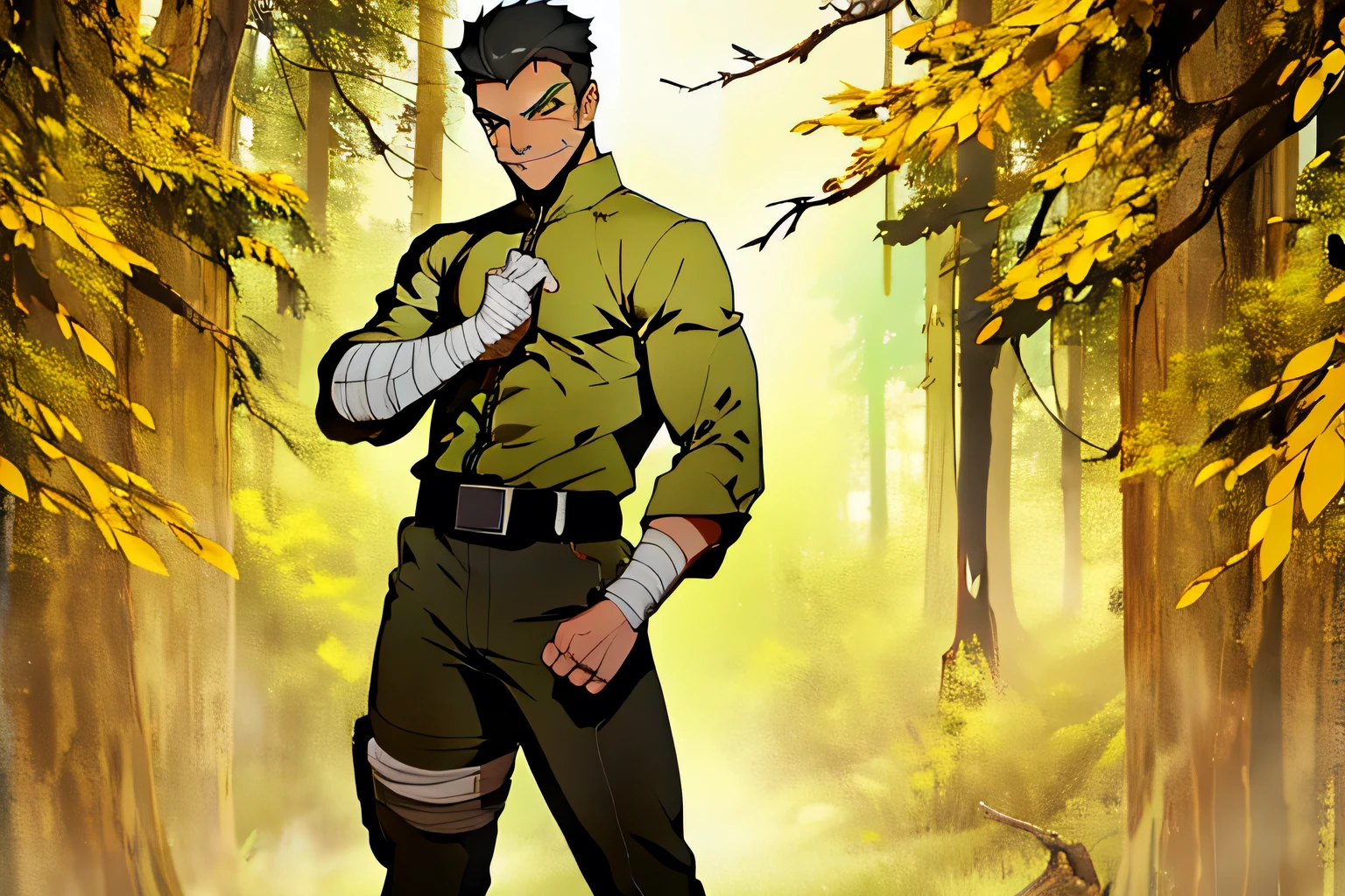 One boy, Bobbed hair, Black Hair, Thick eyebrows, Round eyes, Moss green full body tights, Both hands bandaged, Bandage on right thigh, Thick belt with metal plate, cowboy shot, textured skin, anatomically correct, highres, high quality