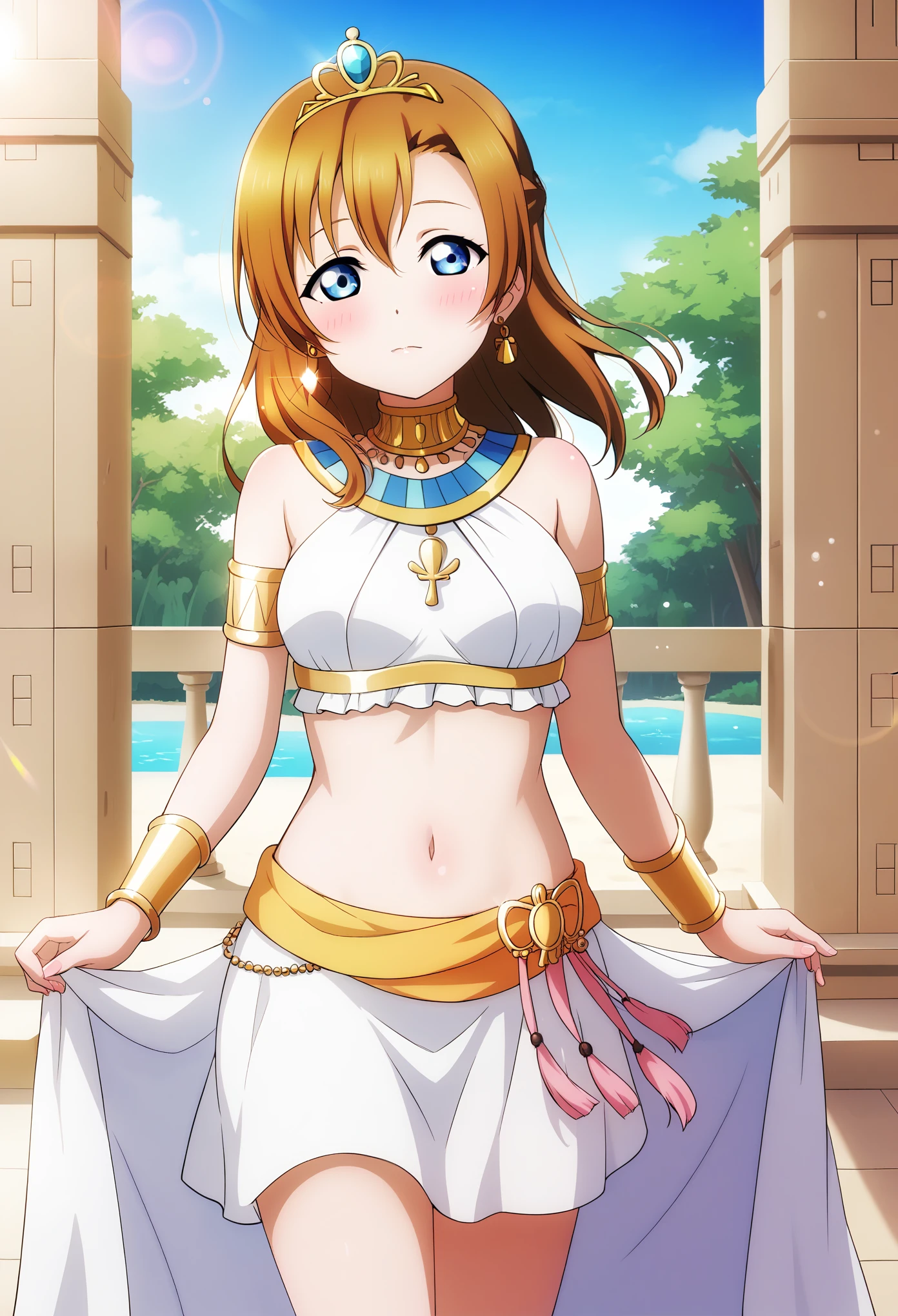 (Masterpiece, Best Quality, High Quality), anime style, love live,kousaka honoka , kousaka honoka,id_honoka_kosaka,love live, blue eyes, brown hair, 8k wallpaper, looking at viewer, earrings, outdoors, erotic figure, (blushing:1.2) , Egypt, white dress, midriff,neck ring,tiara