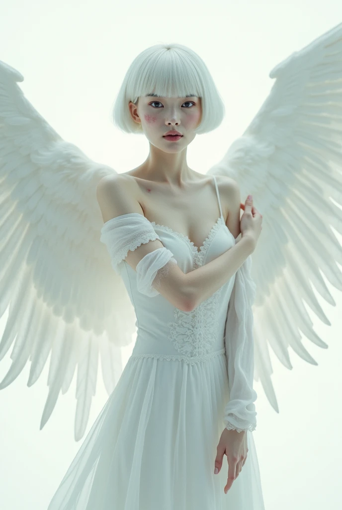 (((White Background:1.3)))、(((One albino woman、Cute Face、Cute Woman、Angelの羽、Angel))), ,(((The eyes are light blue:1.3)))、White Dress、((White shirt:1.3、White Block Dress)), Tyndall effect, Realistic, Shadow Studio,ultramarine、illumination, デュアルトーンillumination, (Skin with attention to detail: 1.2)、薄暗いillumination、暗いillumination、 photograph, High resolution, 4K, 8k, Background Blur,Beautiful fade out、White world、White Background