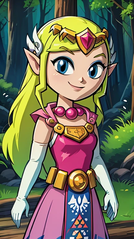 (Teens:1girl: toon zelda), (extremely detailed CG unit 8k wallpaper),(master part), (best quality), (ultra detail), (best illustration),(digital art), standing, neutral pose, cowboy shot, (Sharp eyeliner, ombre, detailed eyes:1), forest, outdoor, ,break , (Teen Titans style), upper body, (smile, gloves, dress, jewelry, elbow gloves, belt, blue eyes, tiara,  looking at viewer, 