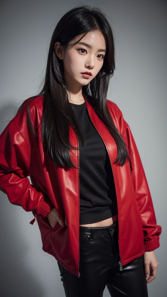 girl, long black hair, cute, cat pose, red jacket, silver necklace, brown eyes, realistic, human