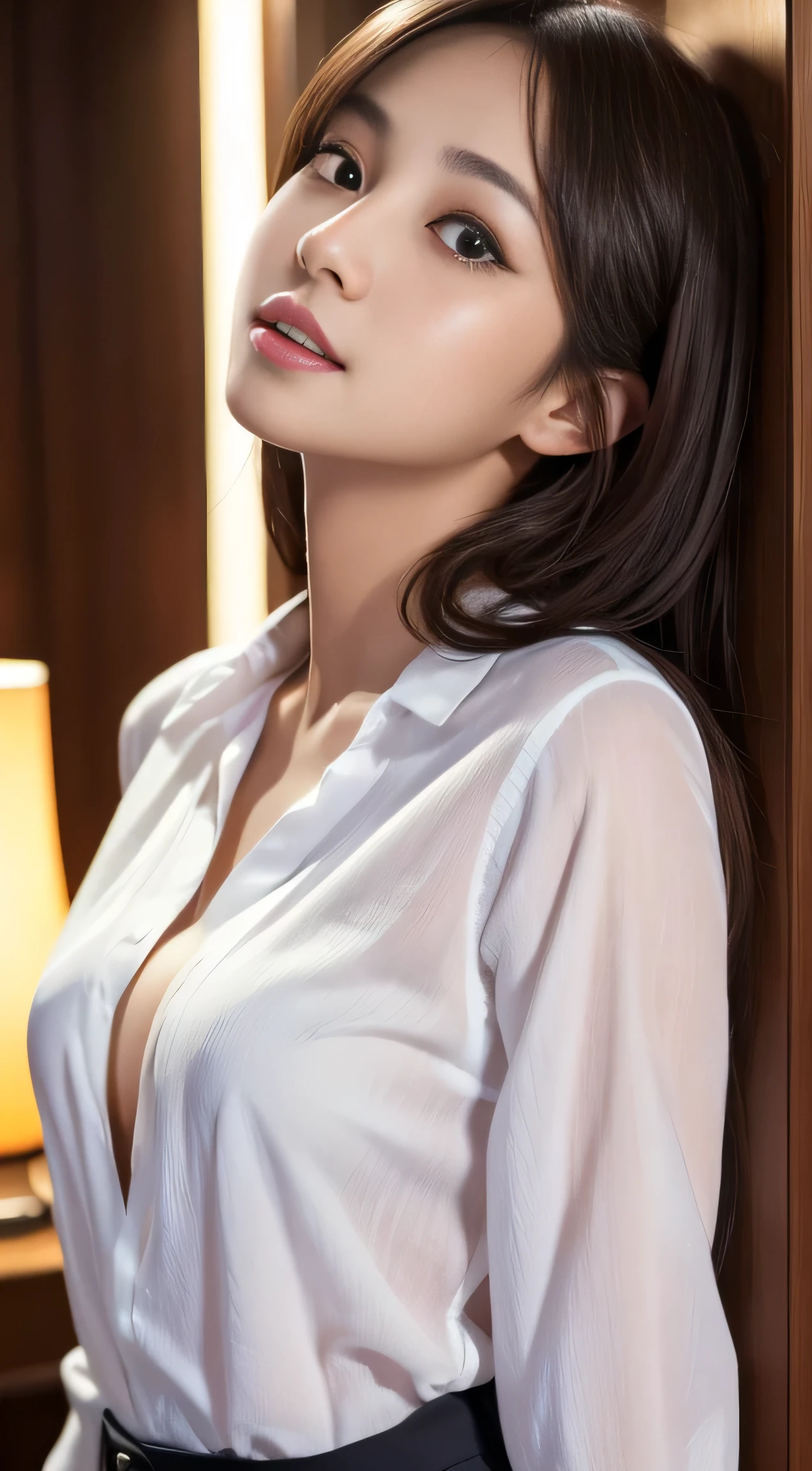 Tabletop, Highest quality, figure, Super detailed, In detail, High resolution, 8k wallpaper, Perfect dynamic composition、beautiful girl、Detailed face、Detailed eyes、Textured skin、Slightly parted lips、Small breasts、Bold sexy pose、((Wide open shirt))、Hotel room with a night view、