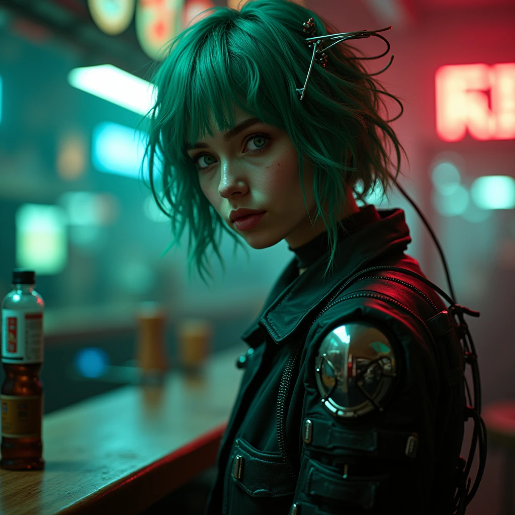 analog style, photo, photography, polaroid shot, vintage 1980, film shot, 18yo girl, chinese, heavy metal, leather jacket, jeans shorts, fishnet pantyhose, green hair, holding a beer bottle, evening, dark, tokyo sidestreet, evening, dark theme