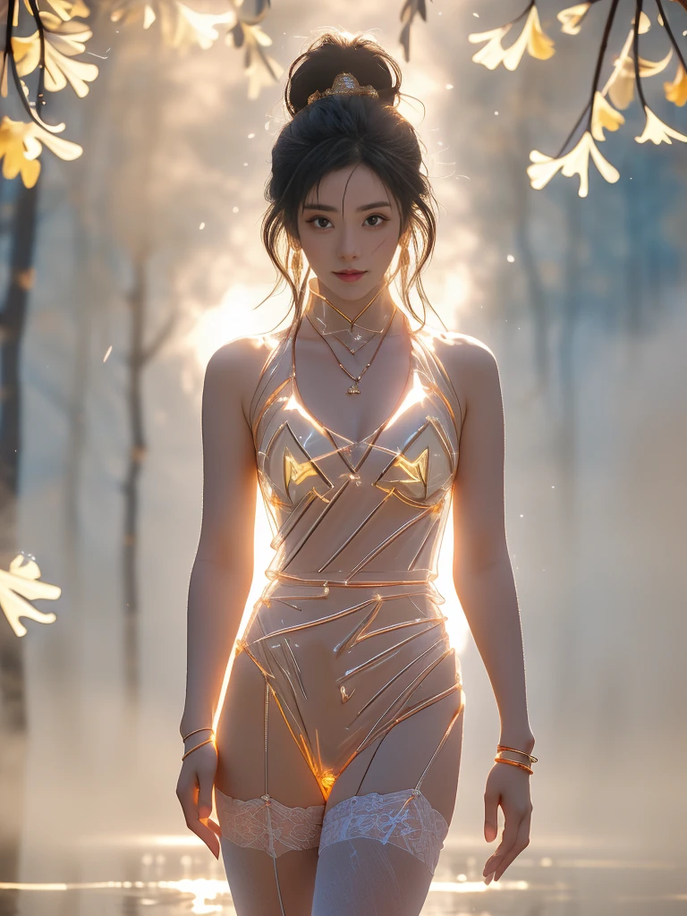 一个有着美丽脸庞的Sexy中国华裔女明星, Wearing avant-garde transparent sci-fi clothes, (((Light theme, Exposing the subject, Sexy主题)))
((Transparent clothes: 1.5), (Revealing clothes: 1.5),  (Wet clothes:1.0), (Color of clothes: Bright pink), ((Wearing transparent clothing)), ((Irregular transparent clothing)))
(((night, Waterfall Hot Spring, Surrounded by fog, Ginkgo tree in autumn, Fallen Leaves, Standing in the water, rain))),
((8K Ultra HD, 8K, Ultra-high resolution, Best quality, Super Fine, Clear focus. Masterpieces, complete pattern, Ultra HD, Detailed photos, Best image quality，Ultra-clear，Delicate facial features，Well-defined, Highly rated works, Close-up depth of field photography, Above the knee, Symmetrical character)), 
((Creating the image of a real girl), Realistic shadows, Soft lighting, Dynamic Angle, Dynamic poses, Elegant Posture, Cowboy lens, Full body front view, Be confident, Facing the camera, Eyes looking towards camera lens, Standing posture, Open your legs slightly, Golden Ratio Graphics, Minimalism, Center the character), 
( Smile, Sexy的, Balanced Eyes, Realistic eyes, Beautiful details of the eyes,Pretty Face, (Realistic face), Normal facial features, Realistic skin, Pay attention to skin details, Skin is clean and radiant, Whitening, Anatomically correct body, Golden ratio figure, Sexy的身材), 
(Perfect makeup, Gloves, earrings, bracelet, necklace, Jewelry, Hair accessories, shawl, sock, Knee socks, 吊garter, Leg ring, garter, 腿部garter), 
((beautiful hair), Dark black hair, Wavy curly hairstyle, Waist-length hair, Messy Hairstyle, Gradient hairstyles, Cyberpunk Hairstyle, High double ponytail hairstyle), 
(Sexy的, Perfect breast shape, Teardrop chest shape, Snow-white breasts, Very detailed breasts, 34C cup), 
(Super high waist, Deep V, Low-cut, Sexy, Flattering, Open crotch, (Clear camel toe, (High fork strangulation))),
(((Clear outline, Clear underwear, 透明Sexy的穿着)))