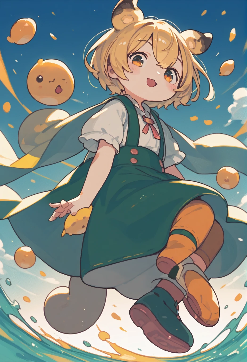 SatokoSchool, blonde hair, red eyes, hairband, sailor collar, yellow necktie, green dress, black pantyhose, fart, farting, yellow_smoke, butt, up skirt, fart coming from butt,