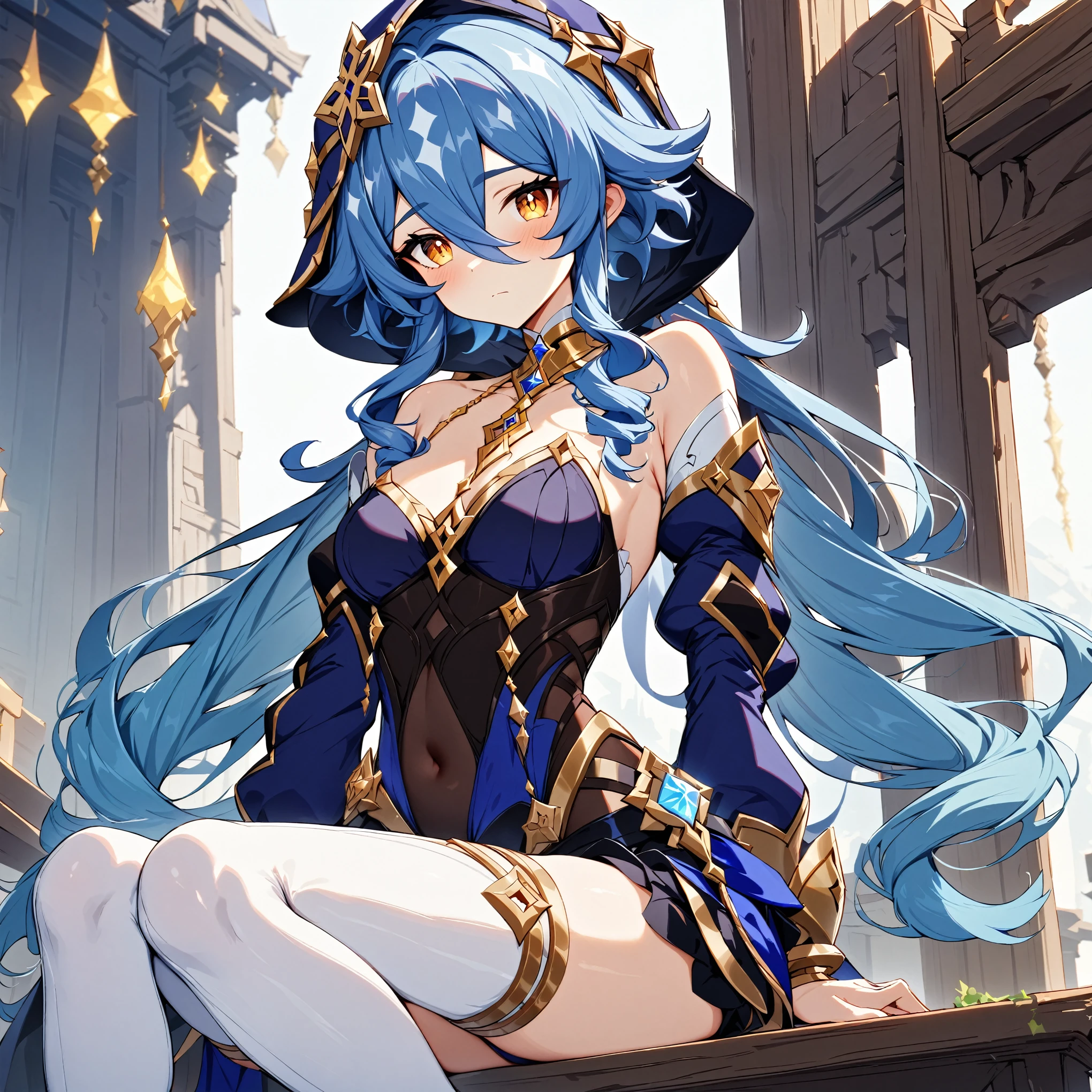 1girl, waist-long light blue haired, yellow color pupil, without hat, half body, sitting on ship's deck, pirate, sexy pirate outfit