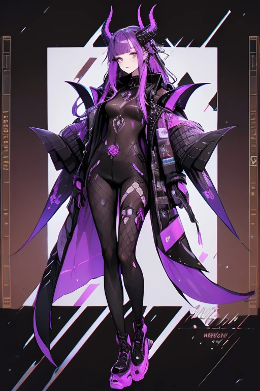 1 girl,(exquisite, beautiful, very detailed, masterpiece, high quality,High resolution), purple hair stroke ,full body, demon girl,black horns with puple details, Techwear outfits, lots of hairpins in the hair, highly details neon hair, character desing, Reference roles from different angles