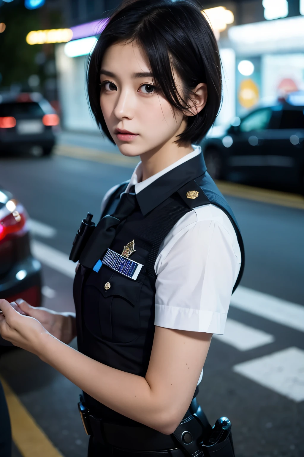 Girl, cop, short hair, police, police girl, cop uniform, details, realistic, high quality