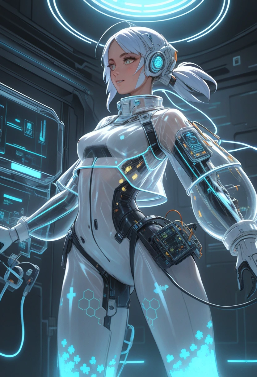 A woman in a transparent exosuit, with glowing wires and circuits, explores a futuristic lab filled with floating tech, artistic_scifi.