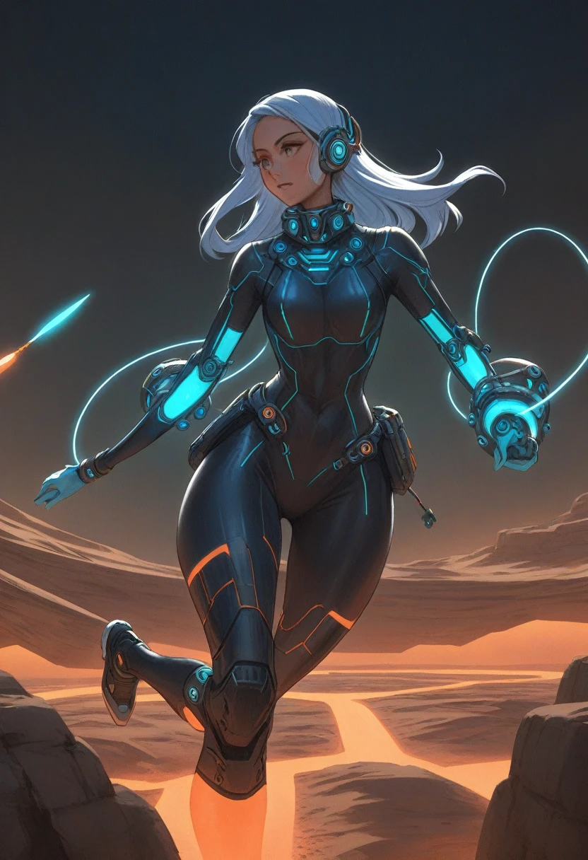 A woman wears a gravity-manipulating suit with glowing nodes, walking effortlessly through a floating desert city, artistic_scifi.