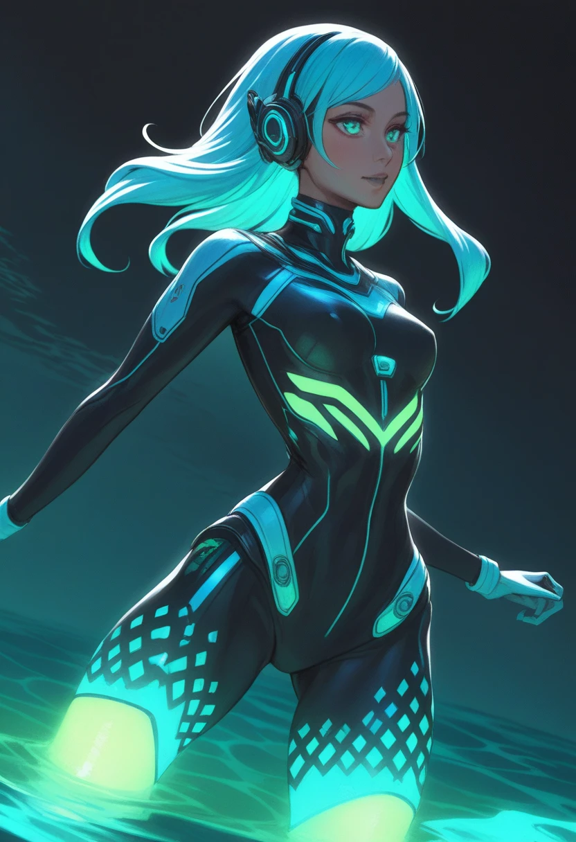 A woman dives deep into an alien ocean in a bioluminescent suit, illuminating the dark waters with glowing blues and greens, artistic_scifi.