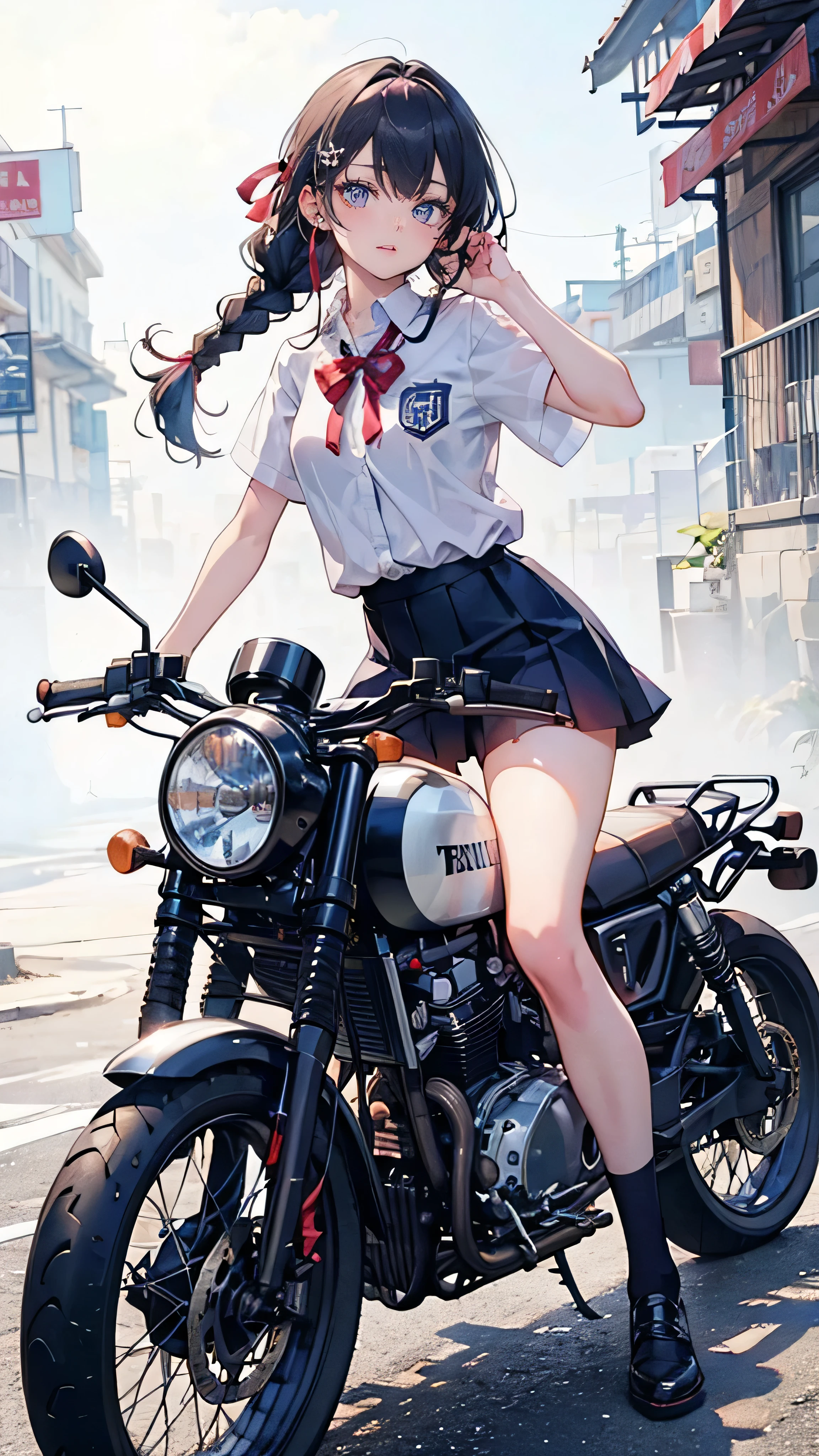 ((A high school girl riding a motorbike,Wearing a uniform,age Girls,Soft looking lips,Glossy skin,Hair is braided,Soft-looking skin:1.25,Hair Ribbon,Hair is braided,)),(Drift):1.25,(8k, Best Quality, masterpiece: 1.2, masterpiece, Attention to detail,Very detailed), Light color,Line art,Full Body Shot,Perfect Eyes