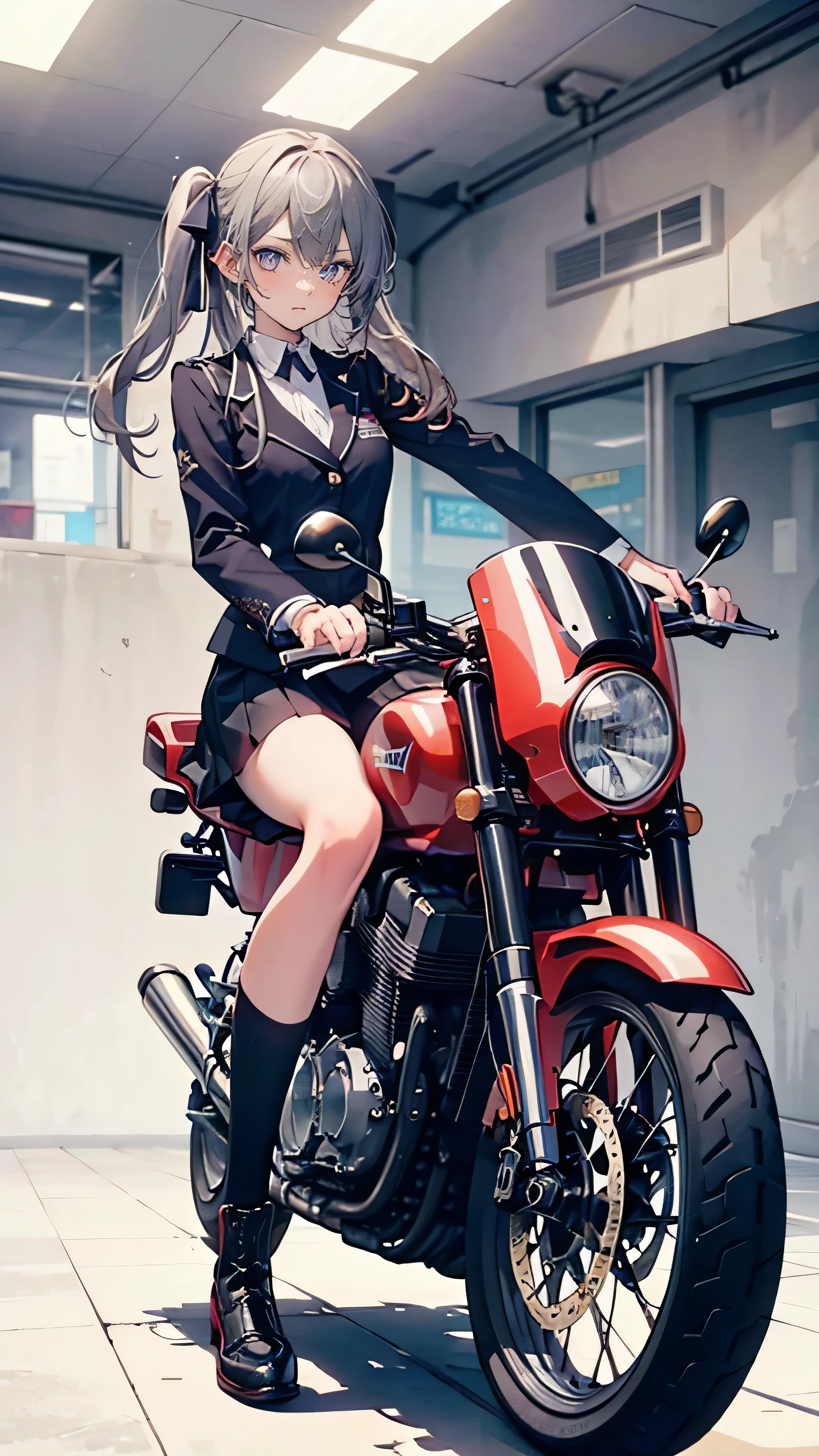 ((A high school girl riding a motorbike,Wearing a uniform,age Girls,Soft looking lips,Glossy skin,Hair is braided,Soft-looking skin:1.25,Hair Ribbon,Hair is braided,)),(Off-road bike):1.25,(8k, Best Quality, masterpiece: 1.2, masterpiece, Attention to detail,Very detailed), Light color,Line art,Full Body Shot,Perfect Eyes