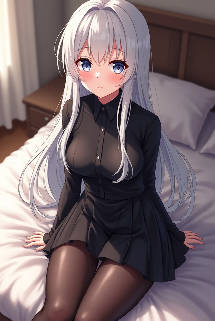 Anime girl with white hair and cat ears, ruby eyes, shy, blush, medium breast, bare legs, dress, high contrast, soft light, master piece, extraordinary nice