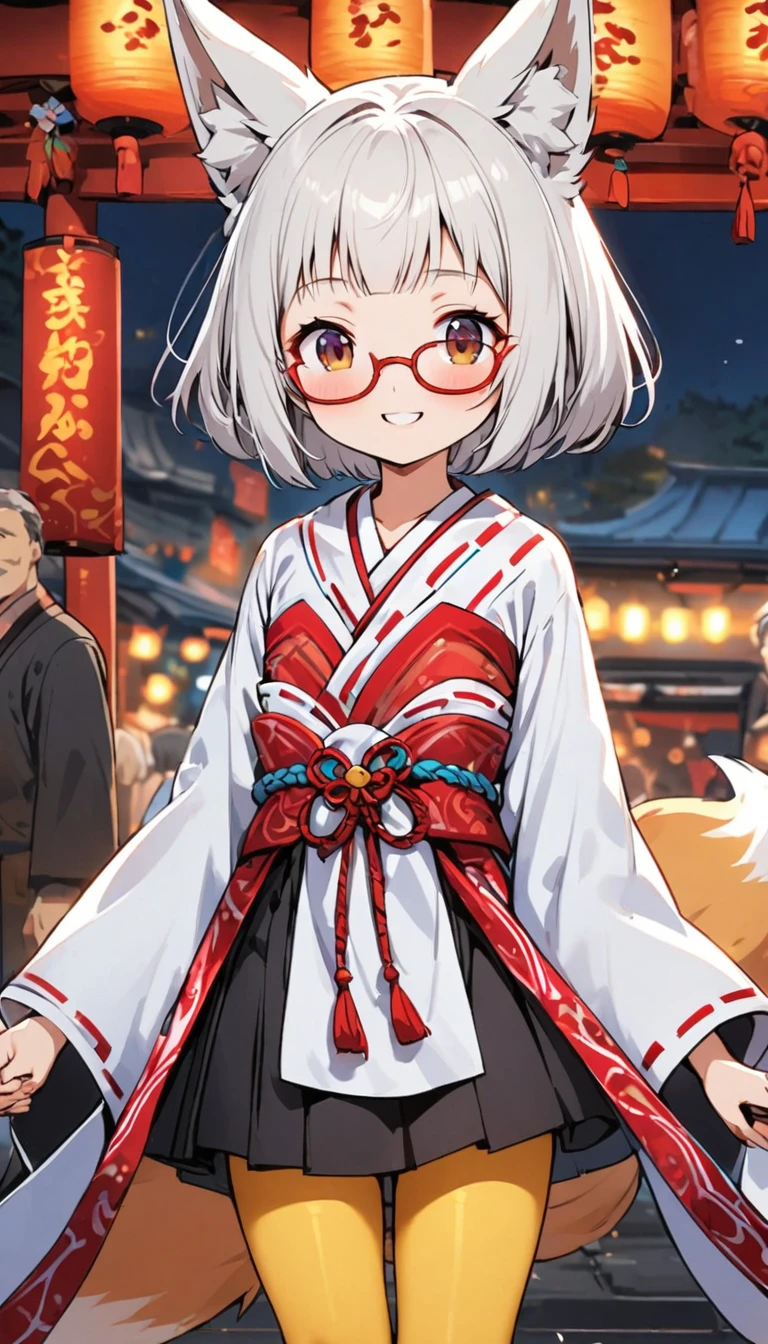 White fox girl,Quiet personality,One Girl,thin body type,Flat Chest,Vermilion and madder colored odd eyes,Red-rimmed glasses,Droopy eyes,Happy smile,fun,Short Hair,Bobcut,Red Mesh,fox ears,Shrine maiden costume,Short black skirt,Fox Tail,1 bottle,Deep golden yellow tights,Focus on men, Big man,night,stall,Holding hands