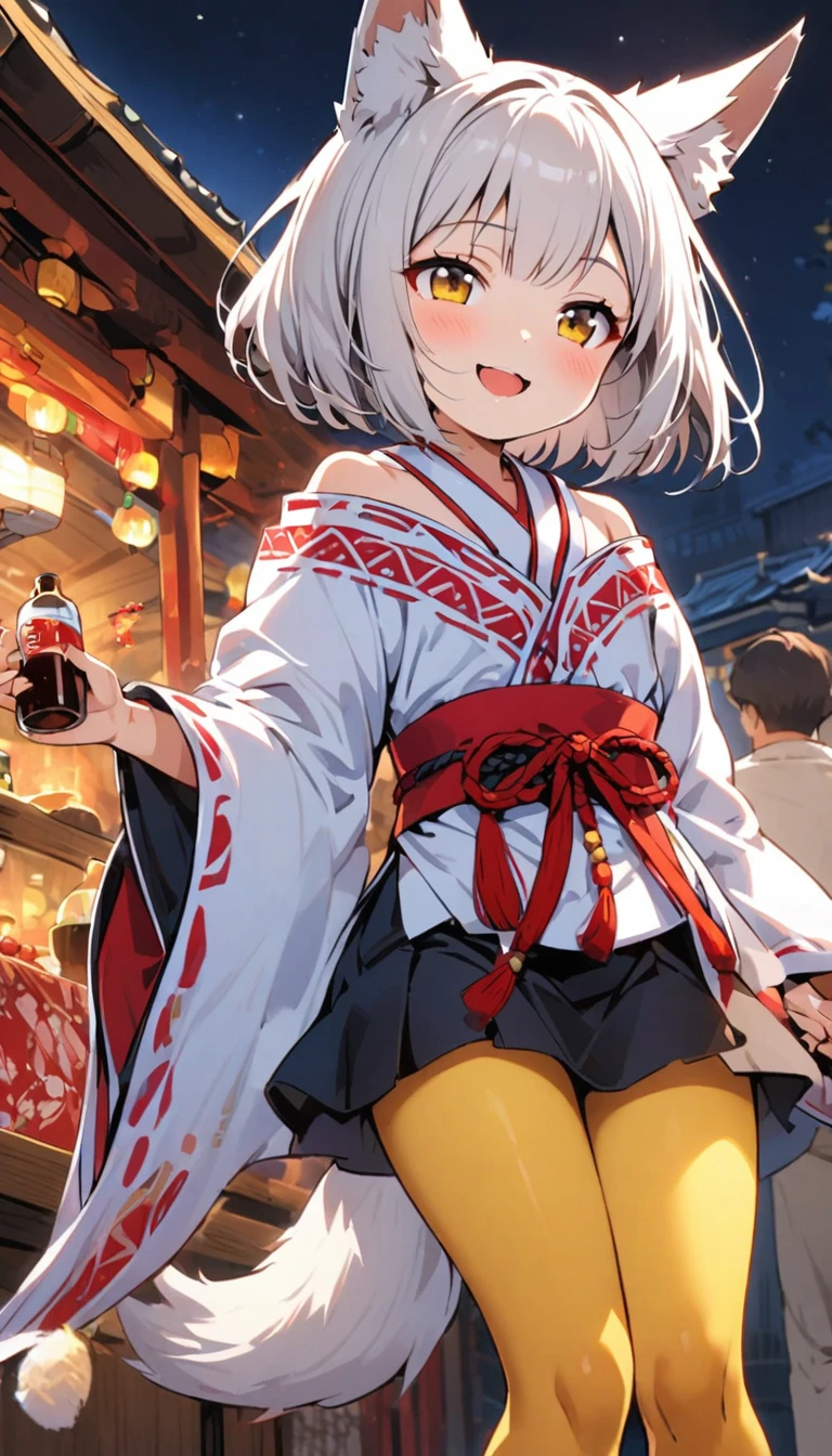 White fox girl,Quiet personality,One Girl,thin body type,Flat Chest,Vermilion and madder colored odd eyes,Red-rimmed glasses,Droopy eyes,Happy smile,fun,Short Hair,Bobcut,Red Mesh,fox ears,Shrine maiden costume,Short black skirt,Fox Tail,1 bottle,Deep golden yellow tights,Focus on men, Big man,night,stall,Holding hands