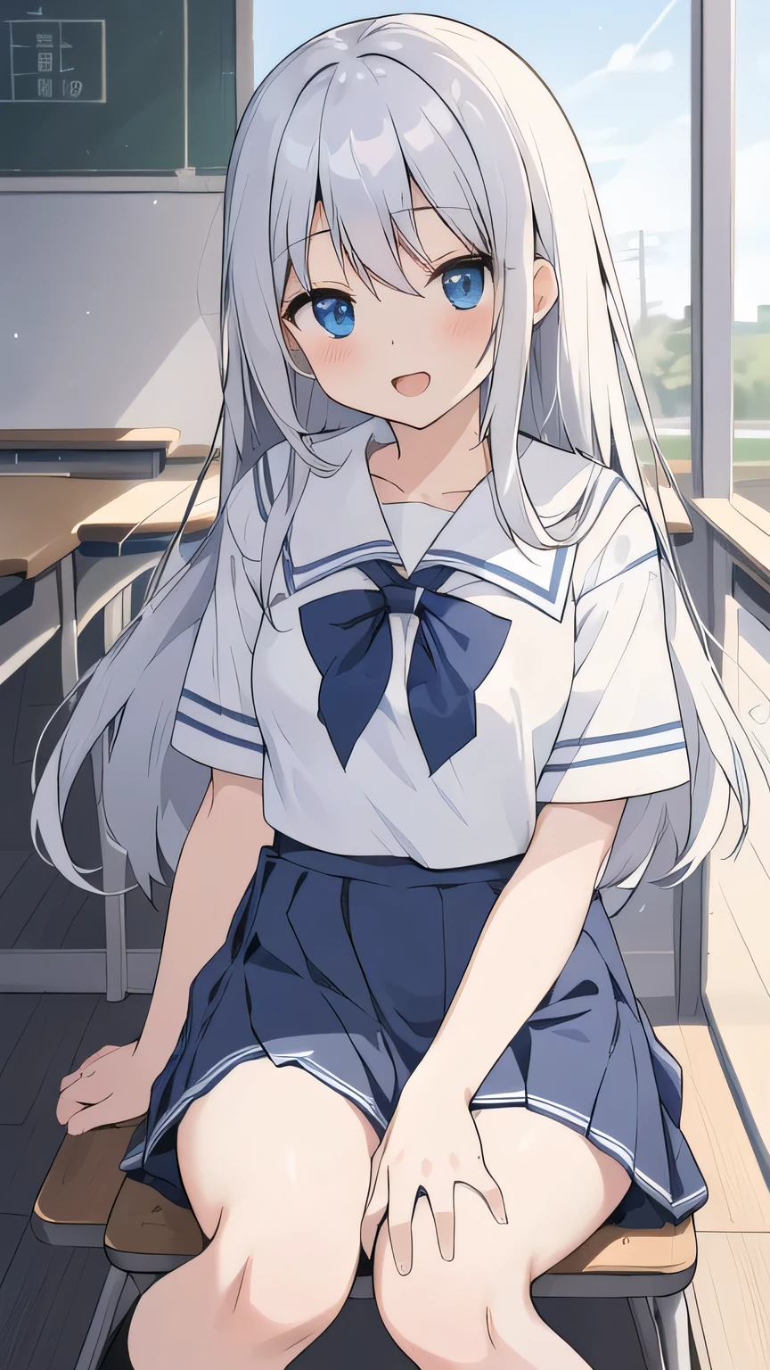 cute girl, アニメ, silver hair, straight hair, Blue eyes, (young:0.9), (small bust:0.5), (cute:1.3), (middle bust:0.8), (cute girl:1.2), cowboy shot, cute, side shot, (Smail:1.3), open mouth, backwards, (sit down:1.5), (white school uniform:1.6), (dark blue skirt:1.5), (ローアングル:1.4), close eyes, (cross legs:1.2), (seduce:1.4)