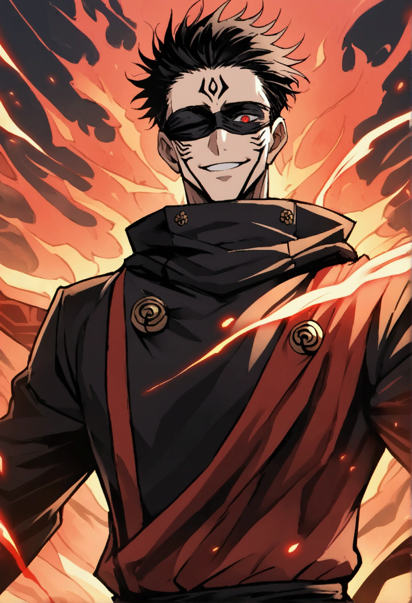 (1 male,sukuna ryoumen,Jujutsu Kaisen, Black Hair),(Ryomen Sukuna Costume Details: black clothes with a high collar,(black blindfold)), (hello)Draw a scene,break,Red eyes:Man&#39;s facial expression&#39;His eyes as he prepares to unleash his special move),break,,Sarcastic smile,,Sukuna is a tall adult male..,Wearing a kimono、Very likeable male characters,Rising Red Energy,Ishida Midori Style,I was impressed by Yoshihiro Togashi.,black, Red as the main color,Intricate details,Wind,Wonderful illustrations,Decadent,artwork,Perfect Anatomy,Anatomically correct,,Dynamically,Nice,wonderful,Dark fantasy,Light and Dark,Come here,(masterpiece:1.3),(Highest quality:1.4),(Super detailed:1.5),High resolution,Very detailed,unity 8k wallpaper,Close-up shot