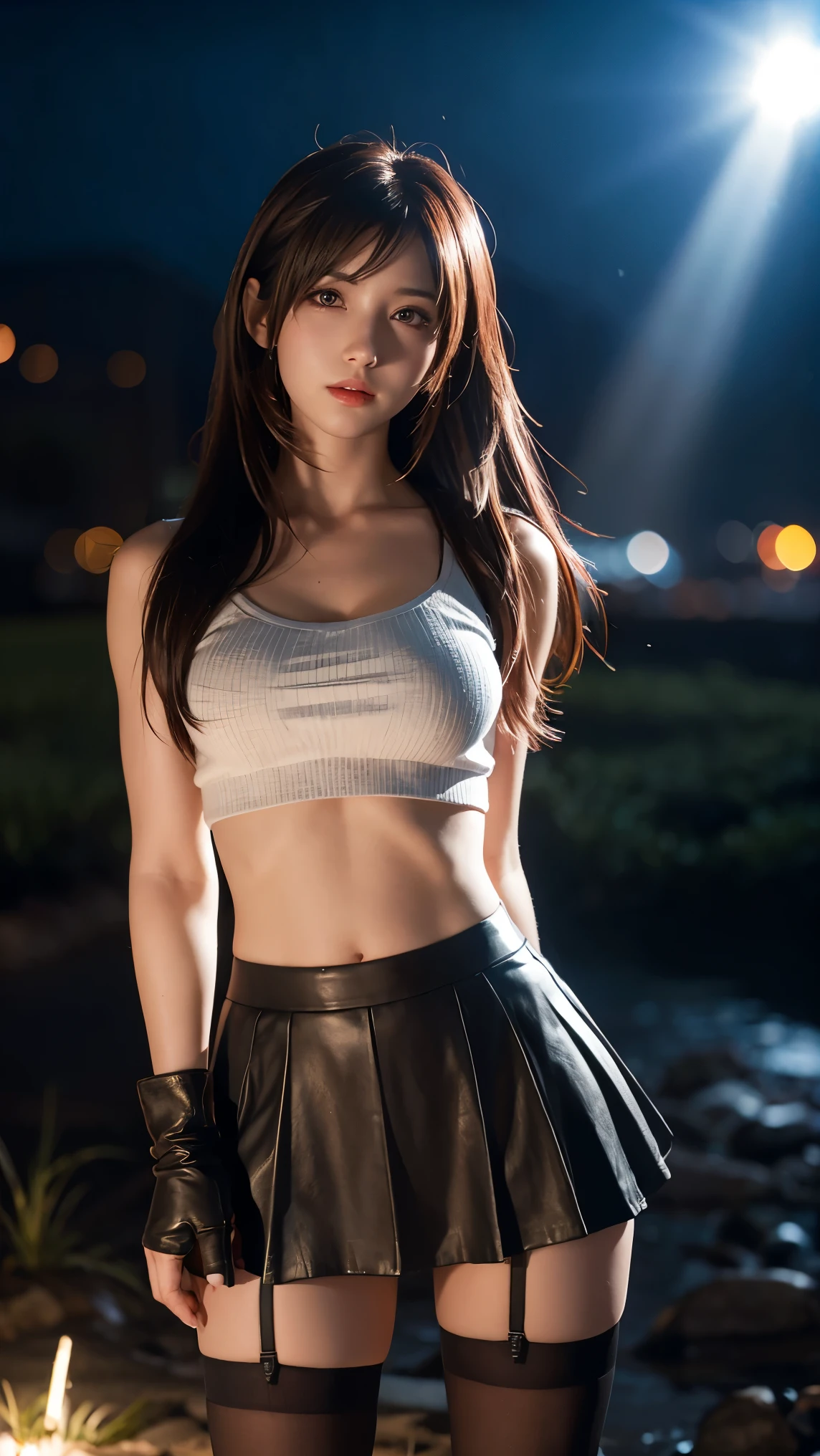 tifa lockhart, wallpaper, landscape, depth of field, night, light particles, light rays, side lighting, thighs, skirt, red eyes, brown hair, thigh high socks, arm sleeves
